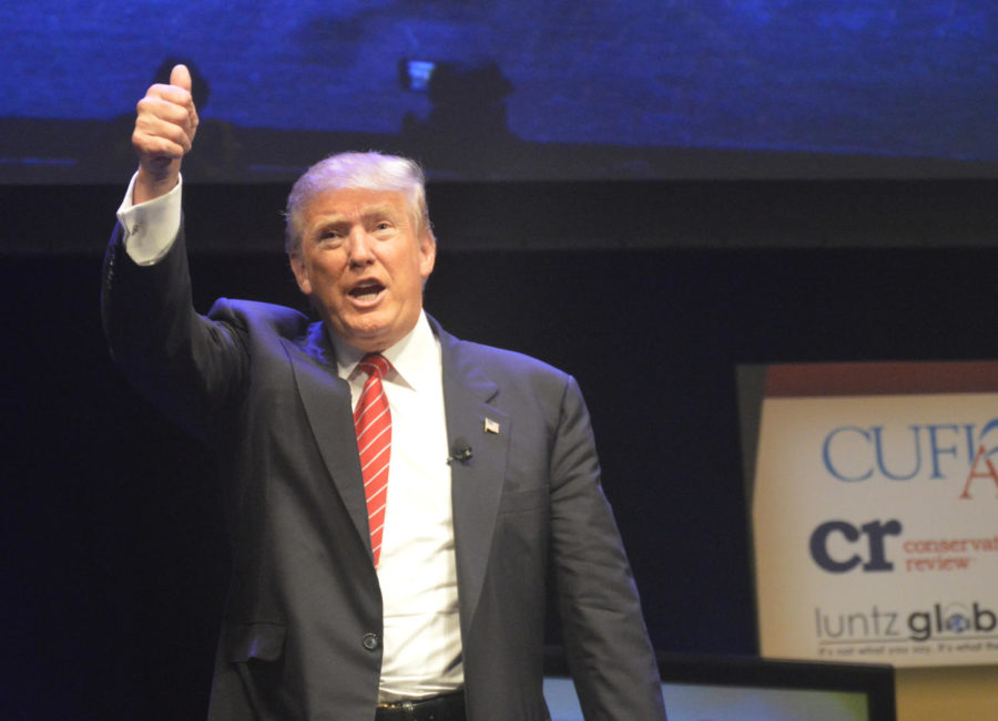 Donald Trump gives the crowd at the Family Leadership Summit the thumbs up. The summit was held in Stephens Auditorium on Saturday, July 18. Trump found himself in some hot water after making comments about Sen. John McCains status as a war hero.