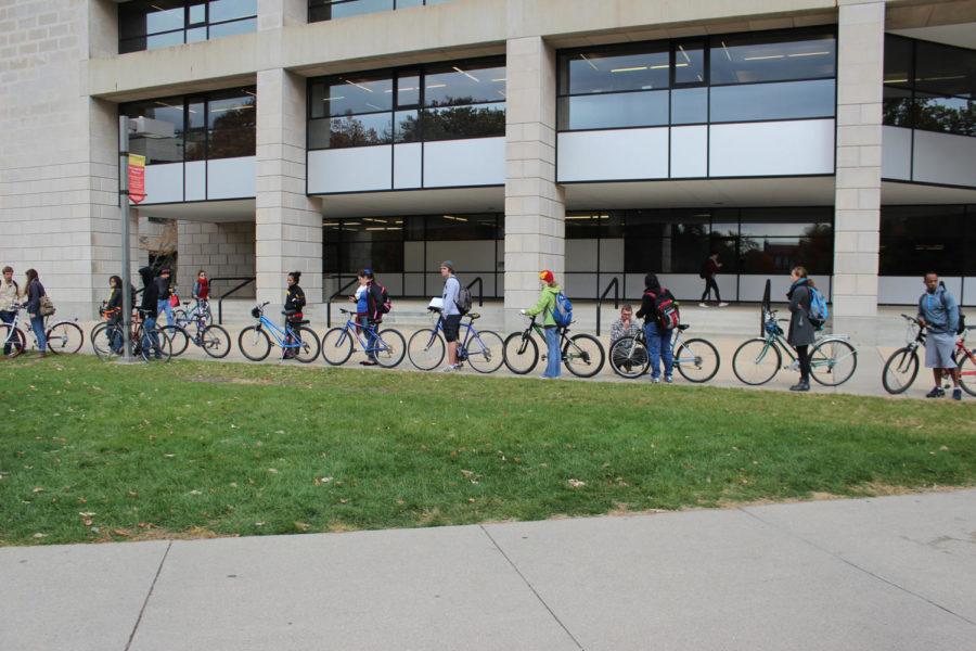Students had the opportunity to receive free bike tune-ups during Sustainability Day on Oct. 22, 2014 in front of the library.