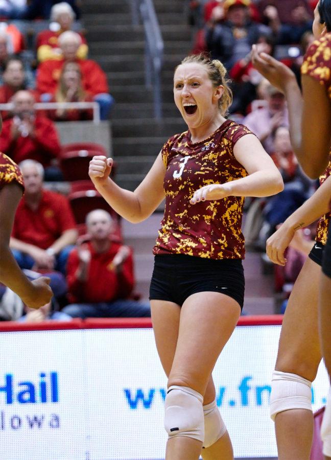 Redshirt sophomore outside hitter Morgan Kurht celebrates after Iowa State scored one of the final points in their match against TCU. Iowa State won the match 3-2 after five sets on Nov. 15. 