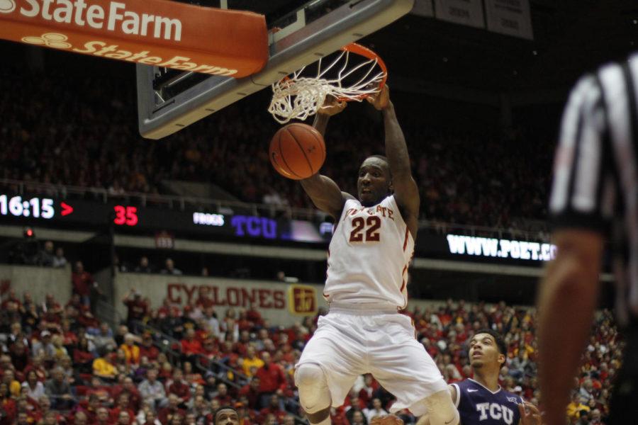 Dustin Hogue dunks the ball during Iowa States game against Texas Christian on Jan. 31, 2015. 