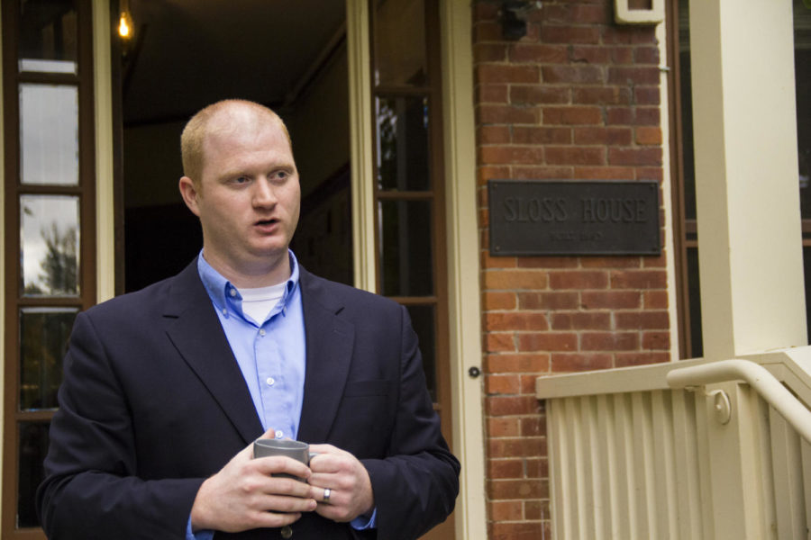 Jim Mowrer talks with students at a voting rally on Oct. 14, 2014, at the Margaret Sloss Womens Center on campus. Mowrer announced hell be challenging for Iowas Third Congressional District seat in Congress next year.