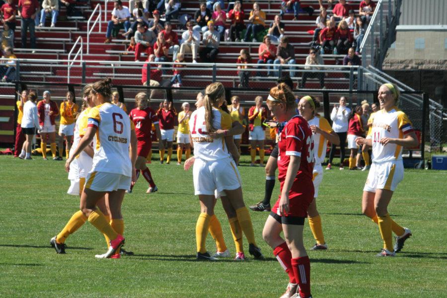 The+Cyclones+celebrate+a+goal+against+South+Dakota%C2%A0on+Sunday%2C+Sept.+23%2C+2012+at+the+ISU+Soccer+Complex.+The+Cyclones+shut+out+the+Coyotes+7-0.