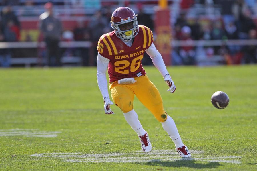 Junior defensive back Qujuan Floyd drops the ball during a trick play on Nov. 1 during the game against No. 19 Oklahoma. The Cyclones fell to the Sooners with a final score of 59-14.