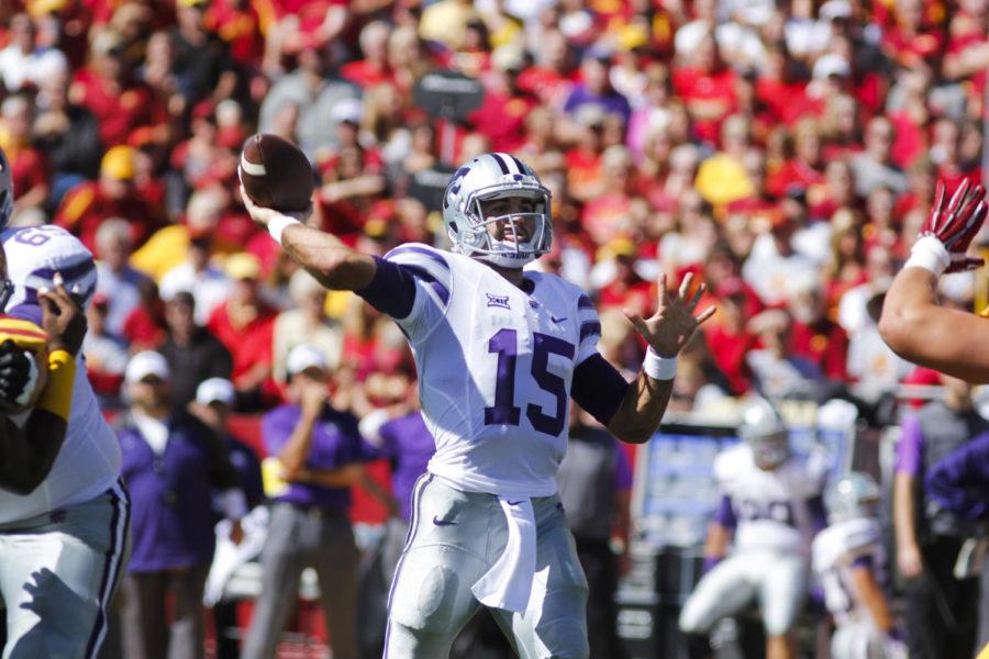Kansas States former quarterback Jake Waters passes the ball during the game Sept. 6, 2014 at Jack Trice Stadium. Waters graduated from Kansas State in 2015 and is currently a free agent in the NFL after being dropped from the Jacksonville Jaguars. 