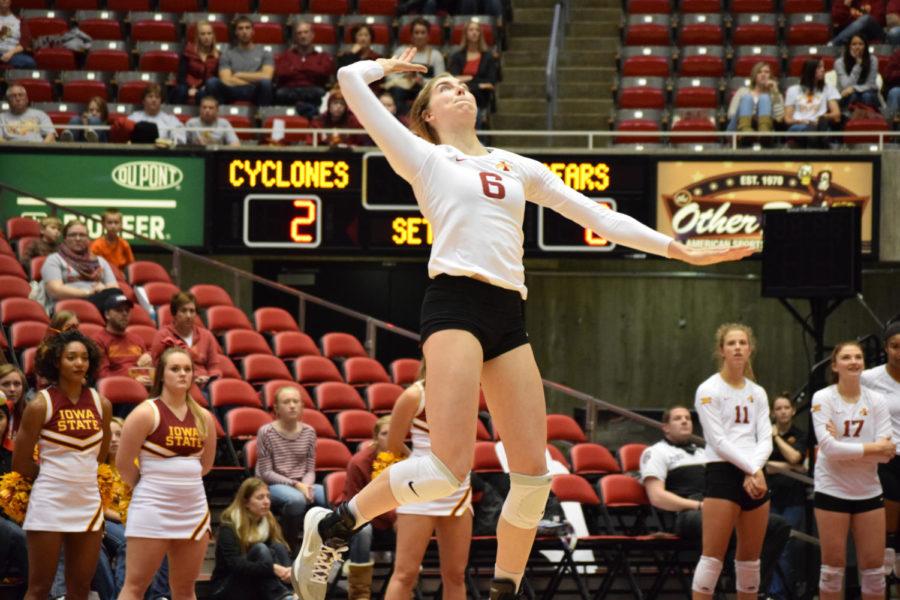Freshman outside hitter Alexis Conaway serves the ball against Baylor on Nov. 29. The Cyclones won the match 3-0.