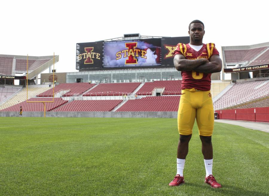 Tyler+Brown+poses+at+football+media+day.+Brown+is+the+most+experienced+running+back+on+the+ISU+football+team+with+only+24+carries+last+season.%C2%A0