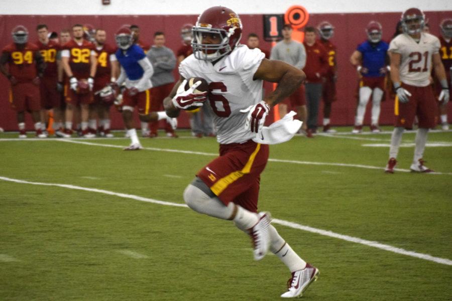 Redshirt sophomore running back Tyler Brown breaks free during a drill on the first day of spring practice back in March. Brown is currently the most experienced running back on the team with 24 career carries.