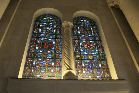 The 12 stained glass windows line the interior of Gold Star Hall. The imagery in each window depicts the 12 virtues: Learning, Virility, Courage, Patriotism, Justice, Faith, Determination, Love, Obedience, Loyalty, Integrity and Tolerance. 