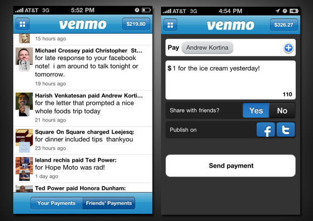 Venmo screenshot: http://cdn.appstorm.net/iphone.appstorm.net/files/2010/11/freelanceApps-17.jpg