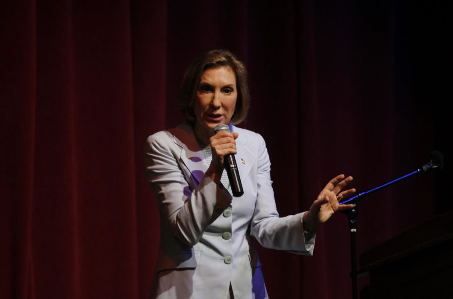Carly+Fiorina+speaks+in+the+Great+Hall+of+the+Memorial+Union+on+Friday%2C+Aug.+28.