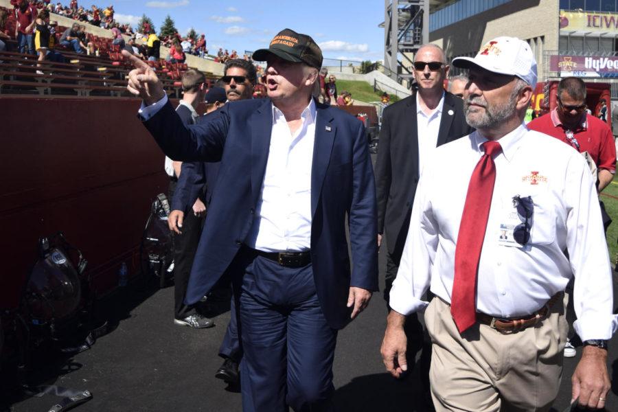 Donald Trump walks around Jack Trice Stadium with President Leath on Saturday before the Iowa vs. Iowa State football game.