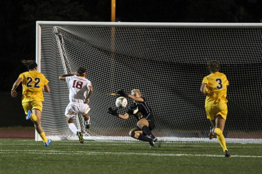 Senior forward Hayley Womack attempts a shot on goal during the Cy-Hawk Series game against Iowa. The Cyclones defeated the Hawkeyes 2-1 last season, but lost by 1-0 score this season. 