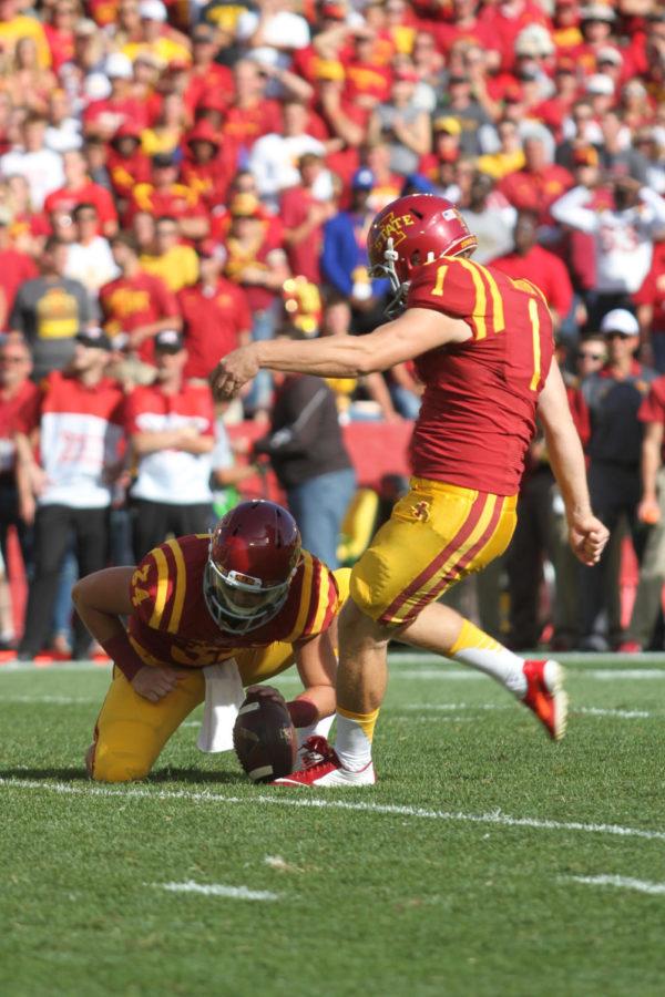 Iowa State place kicker Cole Netten (1) attempts an extra point during the Iowa vs. Iowa State game on Saturday. By halftime, the Cyclones lead the Hawkeyes 17-10.
