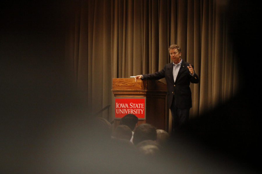 Josh Newell/Iowa State Daily Senator Rand Paul during a rally Friday September 11, 2015 in the Sun Room of the Memorial Union in Ames, Iowa. Senator Paul spoke for about an hour to a standing room only audience, who gave him a standing ovation once he finished speaking.
