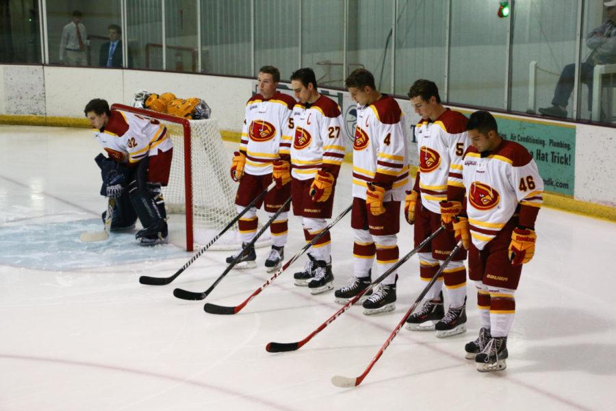 The Cyclone Hockey team waits for introductions before their game against the Southern Illinois-Edwardsville Cougars Friday evening. The Cyclones won 9-0.