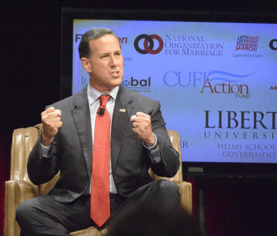 Former Pennsylvania Sen Rick Santorum at the Family Leadership Summit in Ames on Saturday, July 18. Santorum told the audience he can win because he has the best message for American workers.