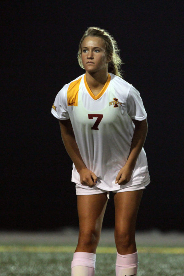 Freshman+midfielder+Laura+Friedrich+cools+down+after+the+game+against+Drake+on+Sept.+19+at+the+Cyclone+Sports+Complex.+Iowa+State+beat+Drake+2-0+with+two+early+goals+from+Hayley+Womack+and+Haley+Albert.