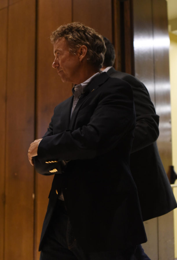 Josh Newell/Iowa State Daily Senator Rand Paul walks into the room during a rally Friday September 11, 2015 in the Sun Room of the Memorial Union in Ames, Iowa. Senator Paul spoke for about an hour to a standing room only audience, who gave him a standing ovation once he finished speaking.