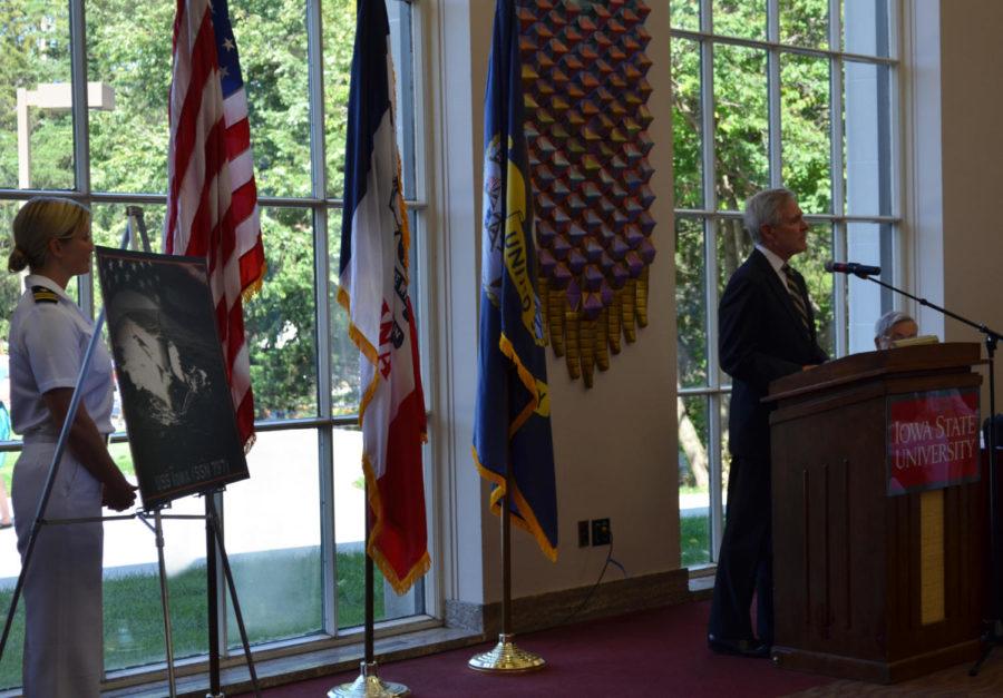 Secretary of the Navy (SECNAV) Ray Mabus spoke in the Campanile room of the Memorial Union on Sep. 2. He spoke for the naming ceremony of USS Iowa (SSN 797). 