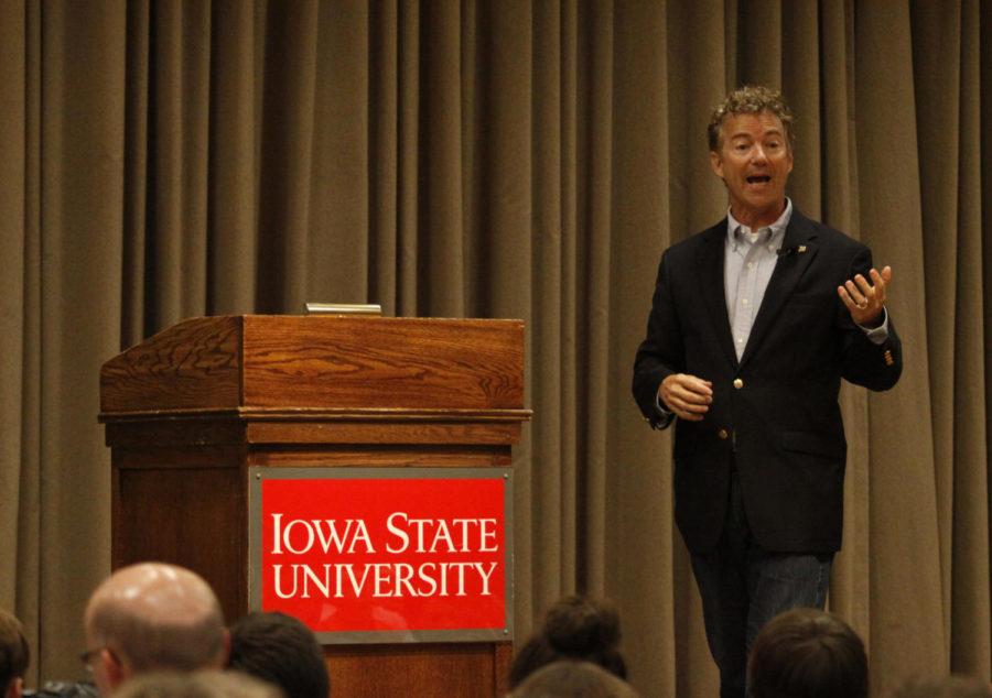 Josh Newell/Iowa State Daily Senator Rand Paul during a rally Friday September 11, 2015 in the Sun Room of the Memorial Union in Ames, Iowa. Senator Paul spoke for about an hour to a standing room only audience, who gave him a standing ovation once he finished speaking.