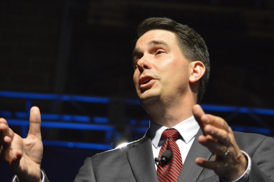 Gov. Scott Walker appears on stage at the Faith and Freedom Coalition Dinner on Sept. 19.