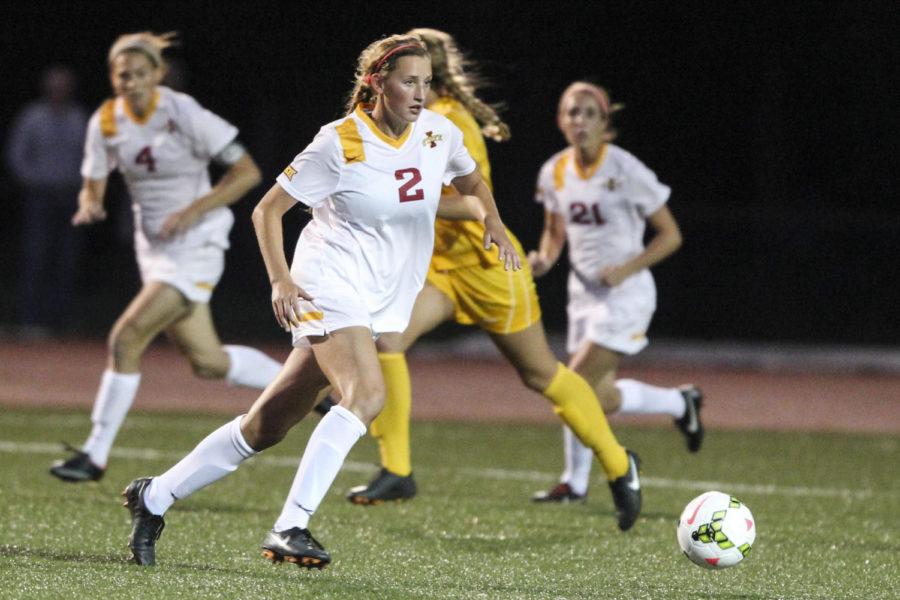 Sophomore forward Koree Willer runs the ball down the field during the Cy-Hawk Series game against Iowa on Sept. 5. The Cyclones defeated the Hawkeyes 2-1.