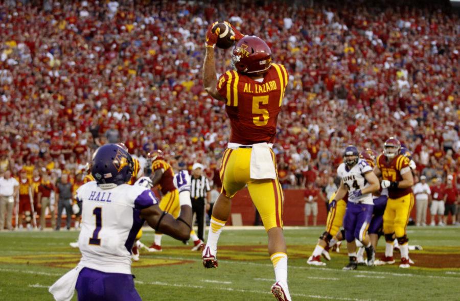 Iowa States sophomore Wide Receiver Allen Lazard (5) jumps for the catch against Northern Iowas senior Defensive Back Deiondre Hall (1) during a play Saturday September 6, 2015 in Jack Trice Stadium in Ames, Iowa. The Cyclones triumphed over the Panthers 31 to 7, scoring three of their four touchdowns in the second half.