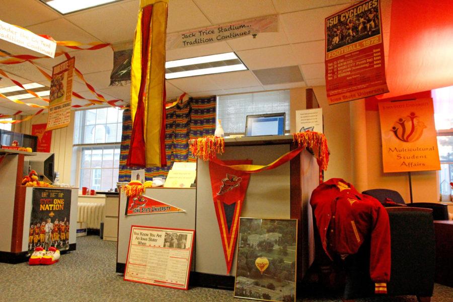 The Multicultural Student Affairs office won the homecoming decorating contest. Decorations include cardinal and gold streamers, posters, and memorabilia along with information on the history of the Multicultural Student Affairs office.