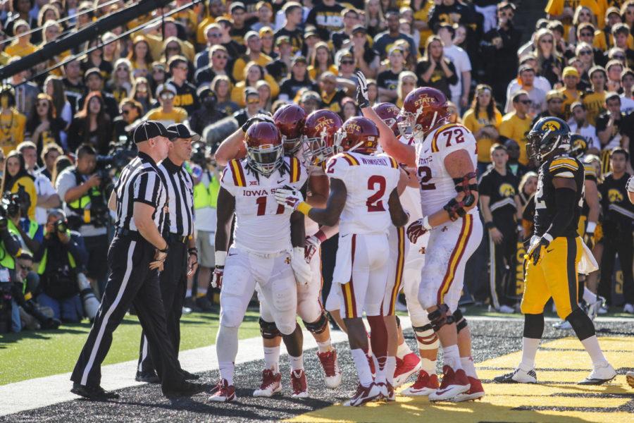 Iowa State celebrates senior tight end E.J. Bibbs touchdown during the Iowa Corn Cy-Hawk Series game against Iowa on Sept. 13 at Kinnick Stadium in Iowa City. The Cyclones defeated the Hawkeyes 20-17.