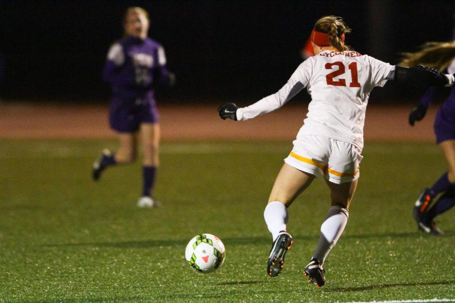 Sophomore forward Adalie Schmidt winds up to cross the ball to her teammate up the field. ISU beat TCU 1-0 on Oct. 31 after scoring in the final minutes of the game.