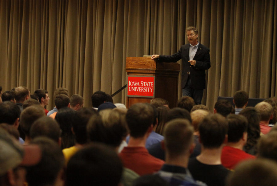 Josh Newell/Iowa State Daily Senator Rand Paul during a rally Friday September 11, 2015 in the Sun Room of the Memorial Union in Ames, Iowa. Senator Paul spoke for about an hour to a standing room only audience, who gave him a standing ovation once he finished speaking.