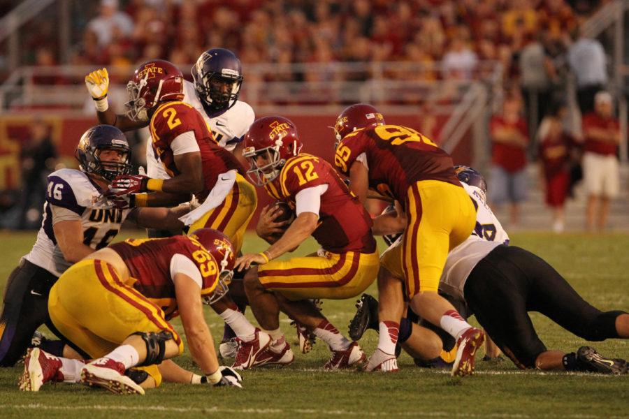 Redshirt sophomore quarterback Sam Richardson gets trapped while trying to run the ball against Northern Iowa on Saturday, Aug. 31, at Jack Trice Stadium. The Cyclones were trapped themselves when they fell to the Panthers 20-28.