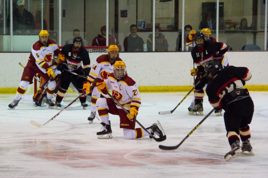 The Cyclones defend a shot during a game against the Southern Illinois-Edwardsville Cougars on Sep. 19. The Cyclones would go on to win 11-1.