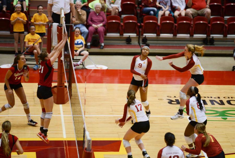 Redshirt sophomore Morgan Kuhrt smashes the volleyball during Iowa States 4-0 loss to Nebraska on Saturday, April 19 at Hilton Coliseum.