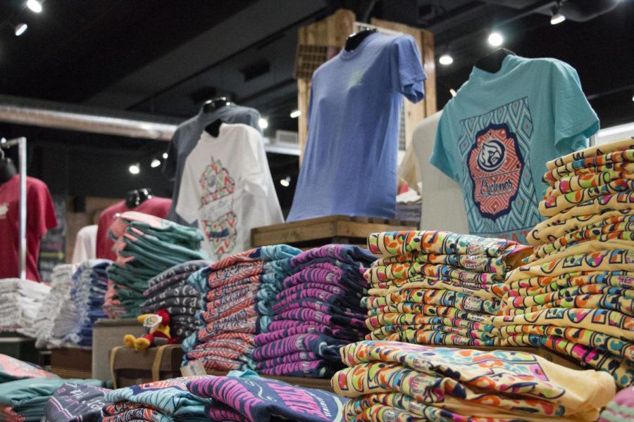 A Barefoot Campus Outfitters display attracts students to stock up on Iowa State apparel. Barefoot Campus Outfitters is located on Lincoln Way next to Starbucks. 