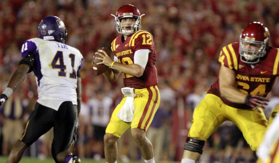 Iowa State quarterback Sam Richardson looks downfield before throwing a pass against the Northern Iowa Panthers in 2013 at Jack Trice Stadium. Richardson threw for 242 yards and two touchdowns. The Panthers went on to stun the Cyclones, 28-20.