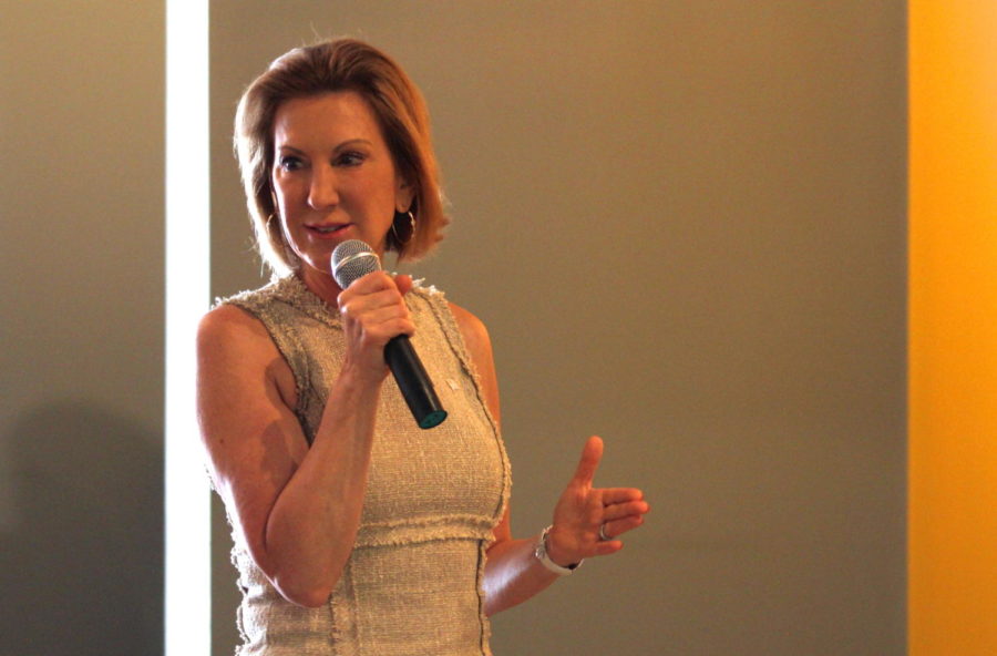 Instead of giving a speech, Republican presidential hopeful Carly Fiorina answered questions from a group of people at Bridgehouse Coffee in Newton, Iowa, on June 25. 