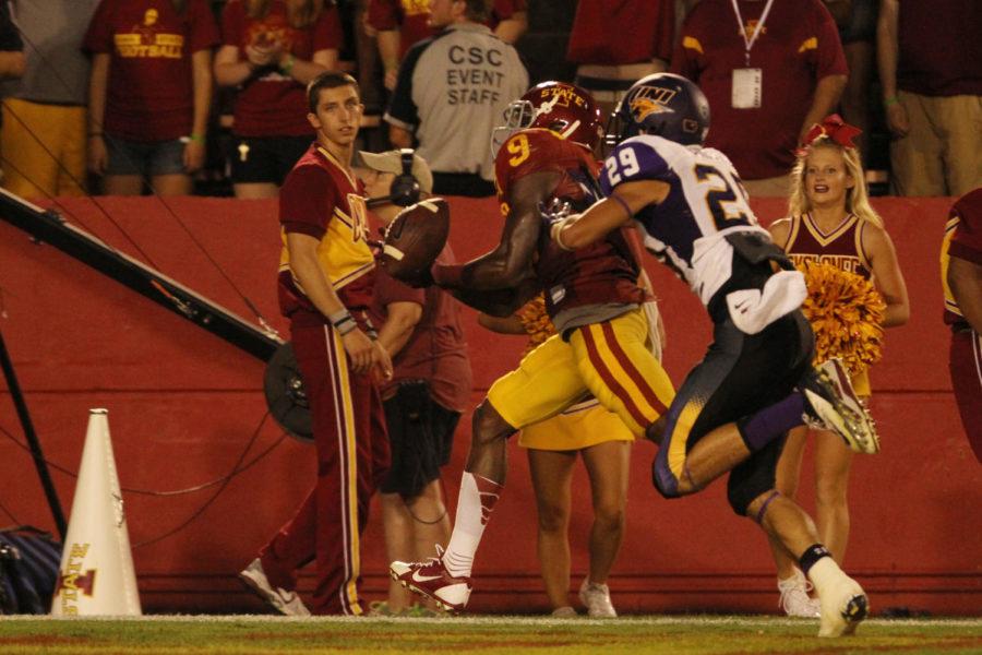 Redshirt sophomore wide receiver Quenton Bundrage attempts to catch the ball in the endzone against Northern Iowa but drops the ball on Saturday, Aug. 31, at Jack Trice Stadium. The Cyclones ended up dropping the ball in the game against the Panthers 20-28.