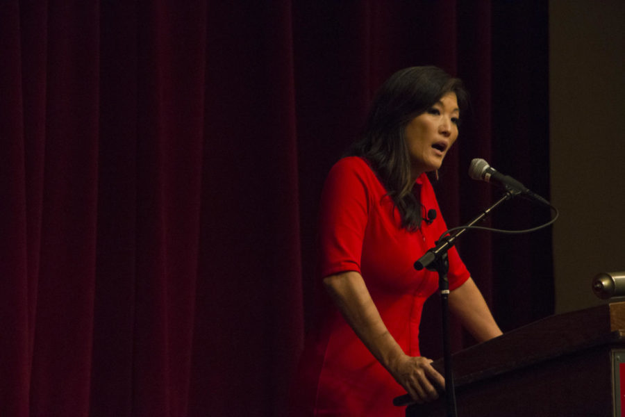 Juju Chang, the 2015 Chamberlin Lecturer and Emmy award-winning co-anchor for ABC News Nightline talks to students Tuesday evening at the Memorial Union. Chang spoke about the upcoming presidential election and the search to find and create meaning in life. 