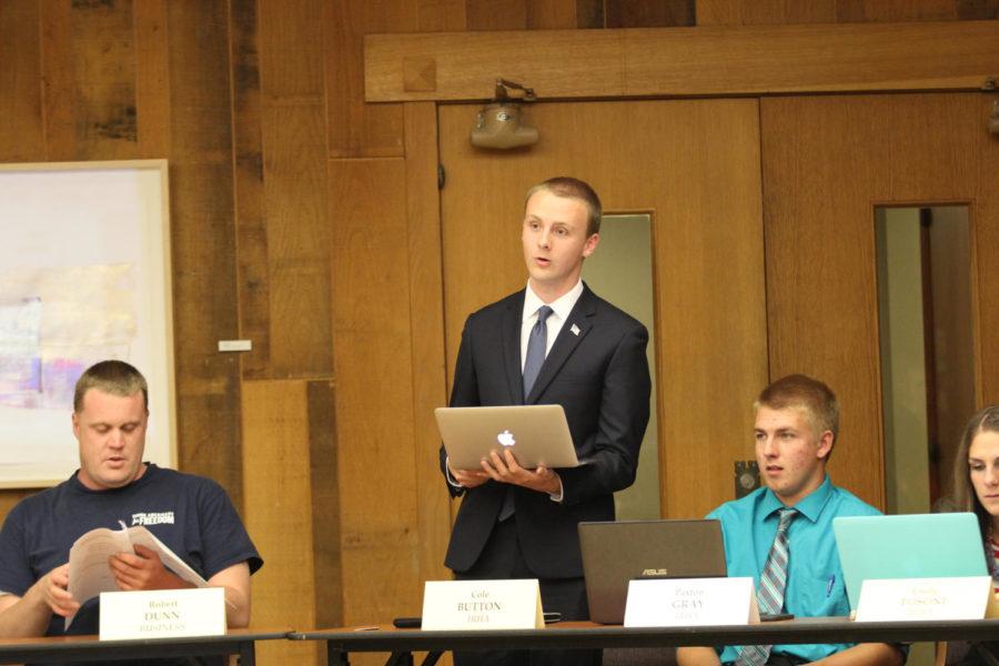 Cole Button, pre-business spoke at the first Student Government meeting of the school year. The meeting was held at the Pioneer Room in the Memorial Union on Aug. 26.