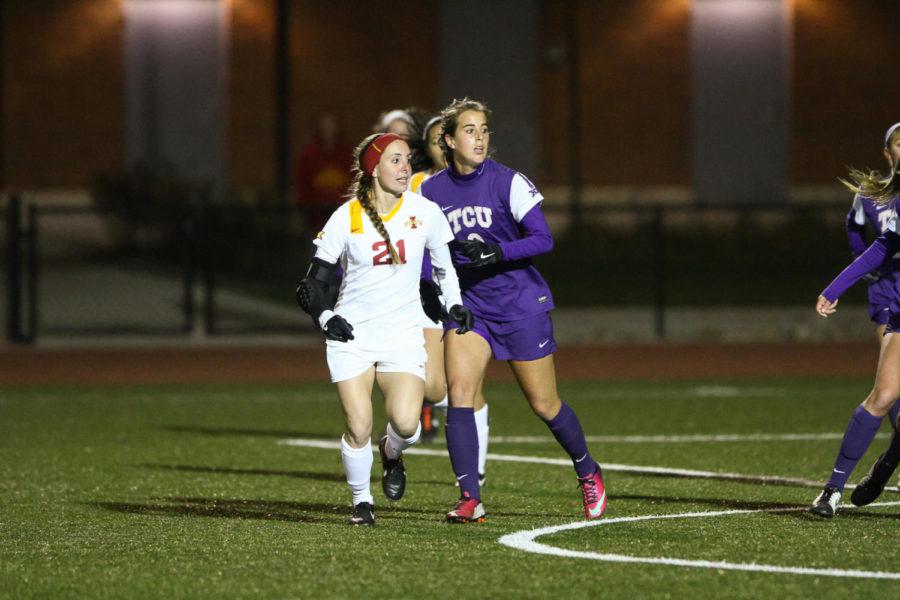 Sophomore forward Adalie Schmidt waits for a cross from her teammate down in the corner. Iowa State beat TCU 1-0 on Oct. 31, 2014 after scoring in the final minutes of the game.