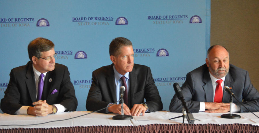 From left, UNI President Bill Ruud, Board of Regents President Bruce Rastetter and ISU President Steven Leath take questions from the media in the Scheman Building during the Board of Regents meeting on June 4. 