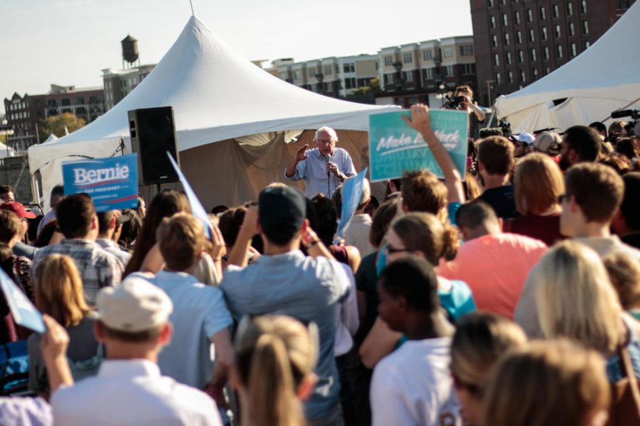 A crowd of people gathered to see Bernie Sanders speak at Iowas Latino Heritage Festival in downtown Des Moines Saturday. Sanders focused his speech on education, jobs and immigration.