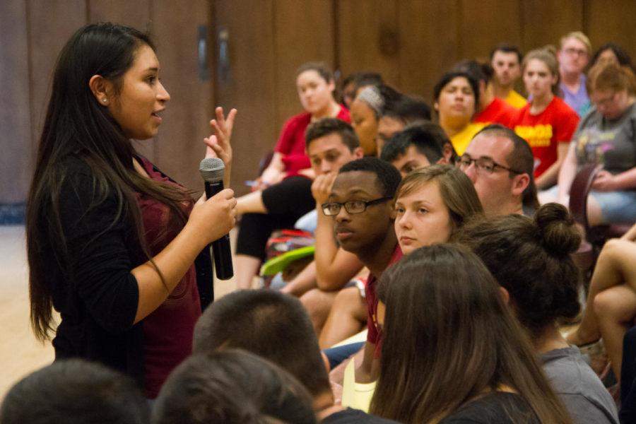 Freshman in pre-business, Valeria Silva, shares her experiences of what happened during a peaceful protest against political bigotry on the afternoon of Sept. 12, during a Multicultural Open Forum the evening of Sept. 14.  