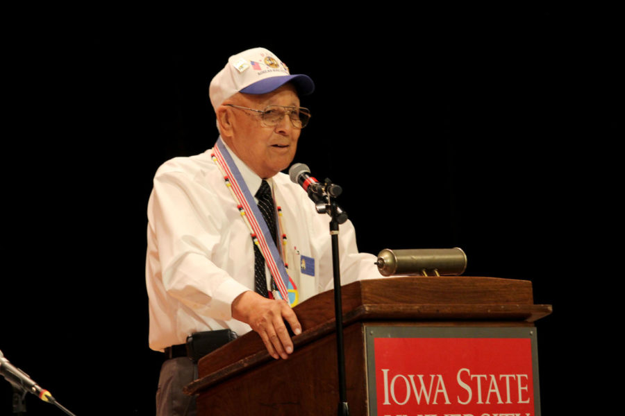 Commander Don Lounder gave a speech during the lunch panel discussion about Native American Code Talkers at the 6th Annual Iowa Statewide Veterans Conference Monday.