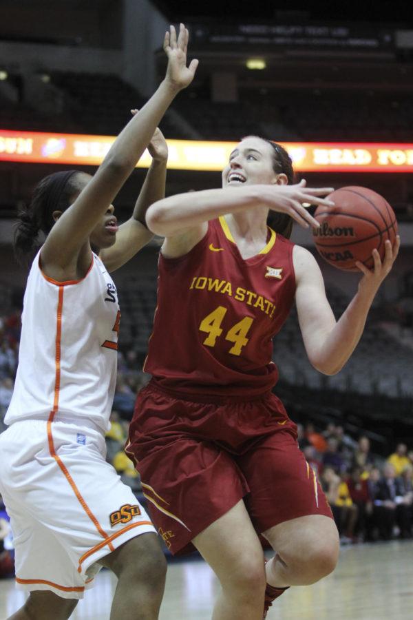 Freshman center Bryanna Fernstrom looks for an opening to shoot against Oklahoma State in the third game of the 2015 Big 12 Championship in Dallas, Texas. The Cyclones fell to the Cowgirls 67-58. Fernstrom had seven points for Iowa State.