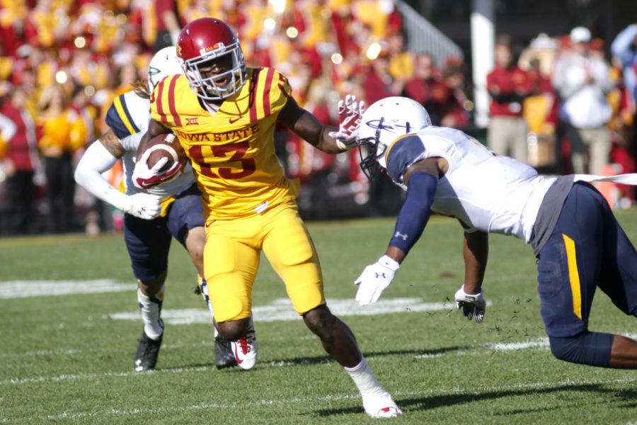 Redshirt sophomore wide receiver Dondre Daley runs for a 16-yard carry in the second half, his longest for the game, and rushing a total of 65 yards. Iowa State’s homecoming game against Toledo on Oct. 11 ended in a victory for the Cyclones, 37-30.