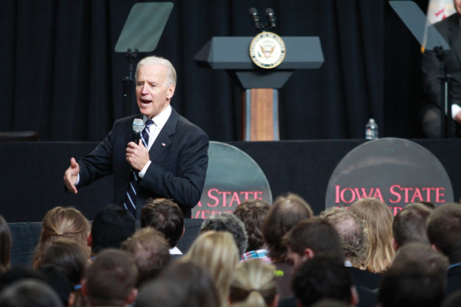 Vice President of the United States Joe Biden visits Iowa State and gives a speech on Thursday, March 1, 2012, in Howe Hall at the College of Engineering. Biden talked about economic issues and bringing manufacturing jobs back to America, as well answered the audiences questions.