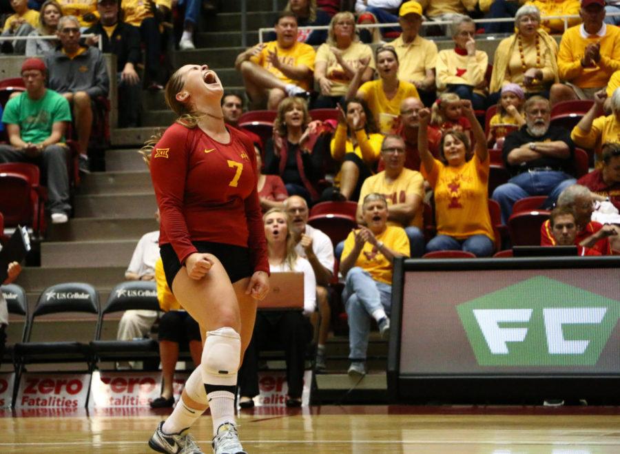 Caitlin Nolan, senior, celebrates a point during the game against Nebraska Saturday afternoon. Iowa State lost 3-1.