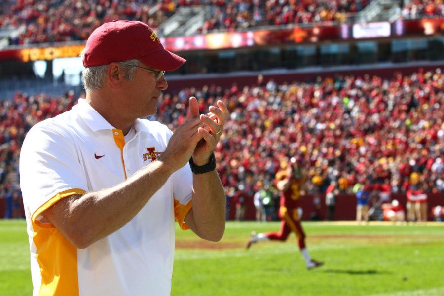 Iowa State head coach Paul Rhoads celebrates a touchdown during the game against Kansas Oct. 3. The Cyclones would go on to beat the Jayhawks 38-13.